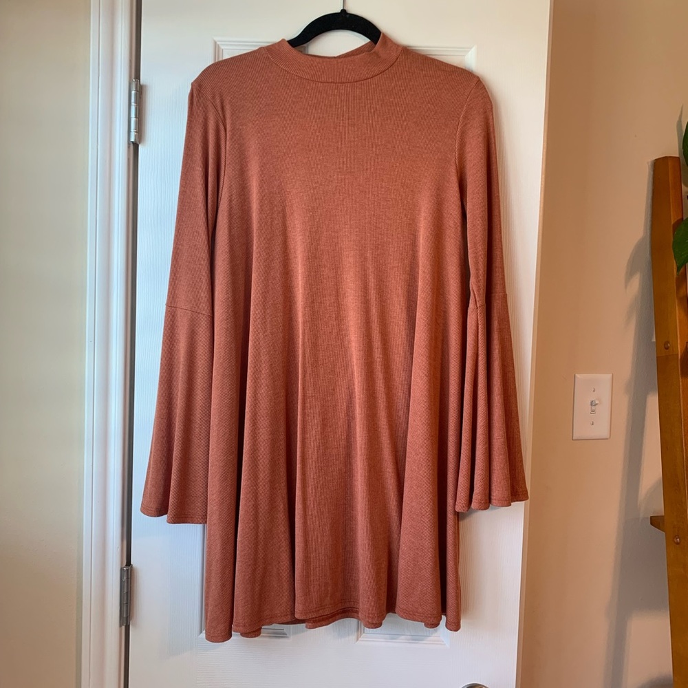 Fall orange flare sleeve high neck ribbed midi dress